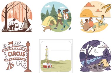 Kamp Paketi. Hayalet Sirk Çadırı Koleksiyonu. Al, Image Set 'i oluşturdu. Clipart çizgi film deisgn simgeleri