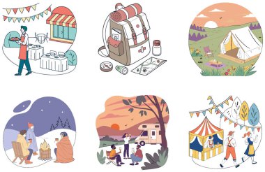 Kamp Paketi. Yürüyüşçü Dinlenme Dağı Koleksiyonu Çizimleri. Al, Image Set 'i oluşturdu. Clipart çizgi film deisgn simgeleri