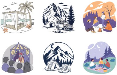 Kamp Paketi. Yürüyüş Yolu Dağ Manzarası Toplama Çizimleri. Al, Image Set 'i oluşturdu. Clipart çizgi film deisgn simgeleri
