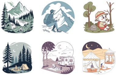 Kamp Paketi. Büyük Şenlik Ateşi Toplama Koleksiyonları. Al, Image Set 'i oluşturdu. Clipart çizgi film deisgn simgeleri