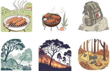 Kamp Paketi. Genç Gezgin Yürüyüş Macera Koleksiyonları. Al, Image Set 'i oluşturdu. Clipart çizgi film deisgn simgeleri