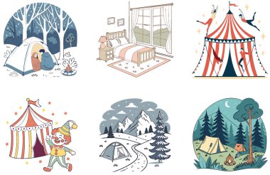 Kamp Paketi. Tahta Masa Ormanı Macera Koleksiyonu Çizimleri. Al, Image Set 'i oluşturdu. Clipart çizgi film deisgn simgeleri