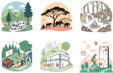 Kamp Paketi. Aurora Borealis Şenlik Ateşi Koleksiyonu. Al, Image Set 'i oluşturdu. Clipart çizgi film deisgn simgeleri