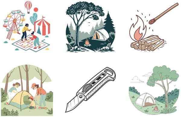 Kamp Paketi. Puslu Orman Çam Koleksiyonu Çizimleri. Al, Image Set 'i oluşturdu. Clipart çizgi film deisgn simgeleri