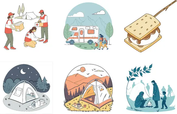 Kamp Paketi. Altın Günbatımı Yolu Macera Koleksiyonu. Al, Image Set 'i oluşturdu. Clipart çizgi film deisgn simgeleri