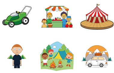 Kamp Paketi. Hareketli Açık Pazar Sahne Koleksiyonu Simgeleri. Al, Image Set 'i oluşturdu. Clipart çizgi film deisgn simgeleri