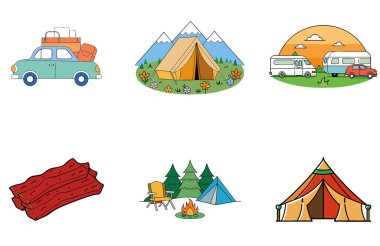 Kamp Paketi. Odun Kampı Sıcak Toplama Simgeleri. Al, Image Set 'i oluşturdu. Clipart çizgi film deisgn simgeleri