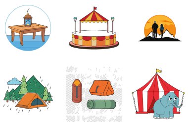 Kamp Paketi. Orman Yumuşak Odaklanma Kampı Toplama Simgeleri. Al, Image Set 'i oluşturdu. Clipart çizgi film deisgn simgeleri