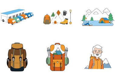 Kamp Paketi. Sonbahar Yeşillik Kampı Malzeme Toplama Simgeleri. Al, Image Set 'i oluşturdu. Clipart çizgi film deisgn simgeleri