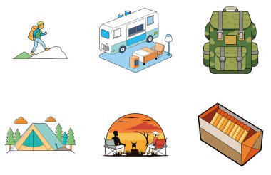 Kamp Paketi. Lakeside Kamp Ateşi Toplama Simgeleri. Al, Image Set 'i oluşturdu. Clipart çizgi film deisgn simgeleri