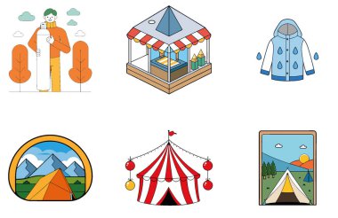 Kamp Paketi. Everest Merkez Kampı Aydınlatılmış Çadır Toplama Simgeleri. Al, Image Set 'i oluşturdu. Clipart çizgi film deisgn simgeleri