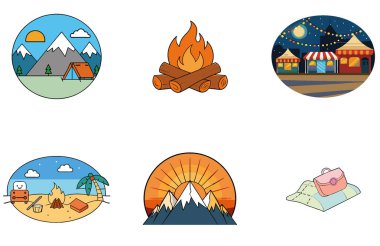 Kamp Paketi. El yapımı Sirk Çadırı Koleksiyonu Simgeleri. Al, Image Set 'i oluşturdu. Clipart çizgi film deisgn simgeleri