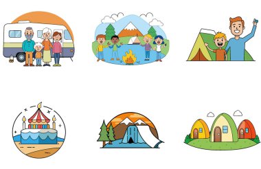 Kamp Paketi. Meraklı Palyaço Sirk Çadır Koleksiyonu Simgeleri. Al, Image Set 'i oluşturdu. Clipart çizgi film deisgn simgeleri