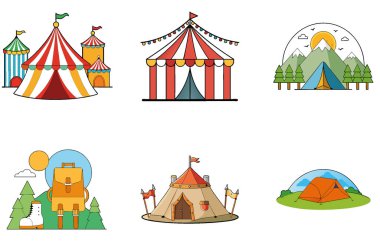 Kamp Paketi. Büyük Turuncu Sırt Çantası Macera Toplama Simgeleri. Al, Image Set 'i oluşturdu. Clipart çizgi film deisgn simgeleri