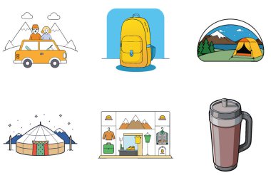 Kamp Paketi. Van River Yaşayan Macera Koleksiyonu Simgeleri. Al, Image Set 'i oluşturdu. Clipart çizgi film deisgn simgeleri