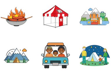 Kamp Paketi. Dinlenen Adam Günbatımı Gevşeme Toplama Simgeleri. Al, Image Set 'i oluşturdu. Clipart çizgi film deisgn simgeleri