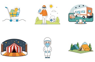 Kamp Paketi. Çadırda Oturan Adam Çöl Toplama Simgeleri. Al, Image Set 'i oluşturdu. Clipart çizgi film deisgn simgeleri