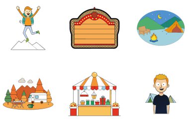 Kamp Paketi. Mountain Rock Termos Macera Toplama Simgeleri. Al, Image Set 'i oluşturdu. Clipart çizgi film deisgn simgeleri