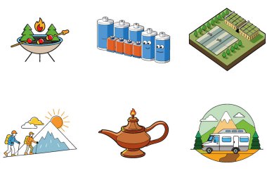 Kamp Paketi. Açık havada Yaz Festivali Kutlama Simgeleri. Al, Image Set 'i oluşturdu. Clipart çizgi film deisgn simgeleri