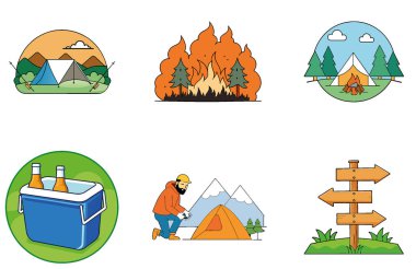 Kamp Paketi. Mülteci Kampı Çadırları Toplama Simgeleri. Al, Image Set 'i oluşturdu. Clipart çizgi film deisgn simgeleri