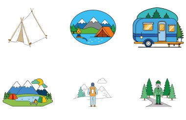 Kamp Paketi. Kırmızı ve Beyaz Sirk Çadır Toplama Simgeleri. Al, Image Set 'i oluşturdu. Clipart çizgi film deisgn simgeleri