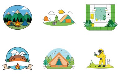 Kamp Paketi. Gülümseyen Turist Ailesi Göl Tahsilat Simgeleri. Al, Image Set 'i oluşturdu. Clipart çizgi film deisgn simgeleri