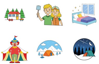 Kamp Paketi. Teepee Village Günbatımı Toplama Simgeleri. Al, Image Set 'i oluşturdu. Clipart çizgi film deisgn simgeleri