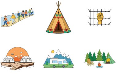 Kamp Paketi. Kadın Yürüyüş Dağları Toplama Simgeleri. Al, Image Set 'i oluşturdu. Clipart çizgi film deisgn simgeleri