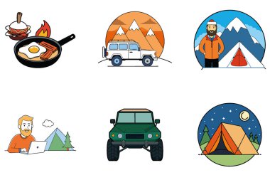 Kamp Paketi. Kuzey Işıkları Kamp Toplama Simgeleri. Al, Image Set 'i oluşturdu. Clipart çizgi film deisgn simgeleri