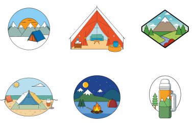 Kamp Paketi. Kırmızı ve Altın Sirk Çadır Koleksiyon Simgeleri. Al, Image Set 'i oluşturdu. Clipart çizgi film deisgn simgeleri