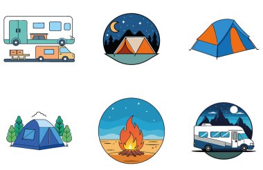 Kamp Paketi. Cozy Beach Kamp Ateşi Toplama Simgeleri. Al, Image Set 'i oluşturdu. Clipart çizgi film deisgn simgeleri