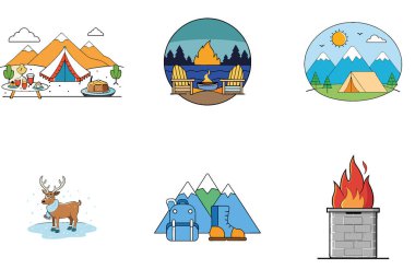 Kamp Paketi. Sihirli Orman Kamp Ateşi Toplama Simgeleri. Al, Image Set 'i oluşturdu. Clipart çizgi film deisgn simgeleri