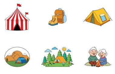 Kamp Paketi. Rugged Hiking Boots Patikası Toplama Simgeleri. Al, Image Set 'i oluşturdu. Clipart çizgi film deisgn simgeleri