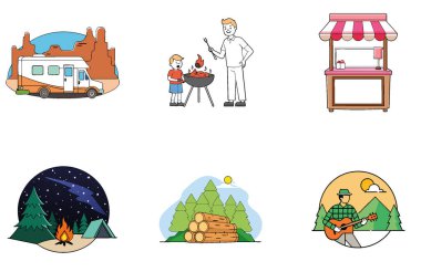 Kamp Paketi. Kamp Malzemeleri Toplama Simgeleri Yığını. Al, Image Set 'i oluşturdu. Clipart çizgi film deisgn simgeleri