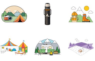 Kamp Paketi. Manzaralı Orman Kampı Toplama Simgeleri. Al, Image Set 'i oluşturdu. Clipart çizgi film deisgn simgeleri