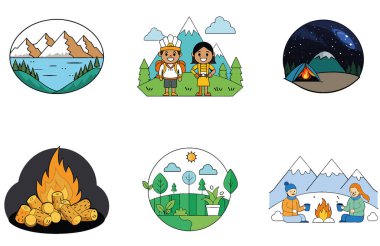 Kamp Paketi. Eskimiş Kahverengi Yürüyüş Botları Toplama Simgeleri. Al, Image Set 'i oluşturdu. Clipart çizgi film deisgn simgeleri