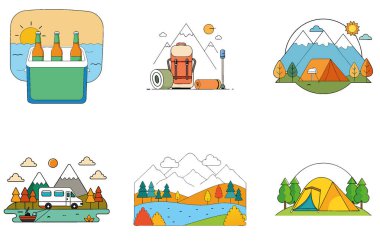 Kamp Paketi. Mavi Çadır Ormanı Kamp Toplama Simgeleri. Al, Image Set 'i oluşturdu. Clipart çizgi film deisgn simgeleri
