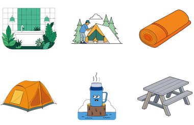 Kamp Paketi. Kamp Gear Tahta Arkaplan Toplama Simgeleri. Al, Image Set 'i oluşturdu. Clipart çizgi film deisgn simgeleri