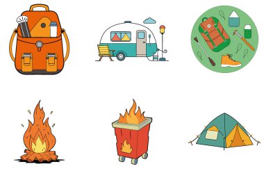 Kamp Paketi. Serene Gölü Kampı Günbatımı Toplama Simgeleri. Al, Image Set 'i oluşturdu. Clipart çizgi film deisgn simgeleri