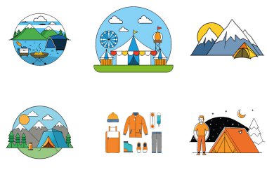 Kamp Paketi. Aile Pikniği Barbekü Toplama Simgeleri. Al, Image Set 'i oluşturdu. Clipart çizgi film deisgn simgeleri