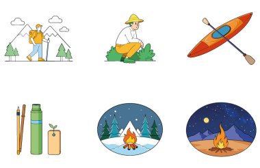 Ormanda kamp yapmak. Bir deste sükunet ve güzellik koleksiyonu ikonu. Al, Image Set 'i oluşturdu. Clipart çizgi film deisgn simgeleri