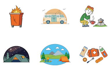 Kamp bekliyor. Büyüleyici ve Şenlikli Toplama Simgeleri Paketi. Al, Image Set 'i oluşturdu. Clipart çizgi film deisgn simgeleri