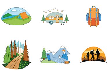 Kaçış Kampı. Manzara ve Modern Koleksiyon Simgeleri Paketi. Al, Image Set 'i oluşturdu. Clipart çizgi film deisgn simgeleri