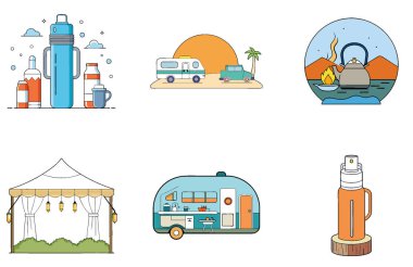 Kamp Macerası. Pratik ve Çok Yönlü Koleksiyon Simgeleri Paketi. Al, Image Set 'i oluşturdu. Clipart çizgi film deisgn simgeleri