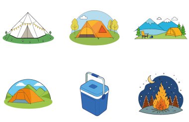 Kutlama kampı. Canlı ve Şenlikli Toplama Simgeleri Paketi. Al, Image Set 'i oluşturdu. Clipart çizgi film deisgn simgeleri