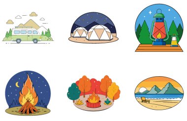 Kamp Festivali. Bir demet Manzaralı ve İç açıcı Toplama Simgesi. Al, Image Set 'i oluşturdu. Clipart çizgi film deisgn simgeleri