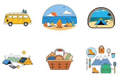 Kamp Macerası. Bir deste Görkemli ve Efsanevi Toplama Simgesi. Al, Image Set 'i oluşturdu. Clipart çizgi film deisgn simgeleri