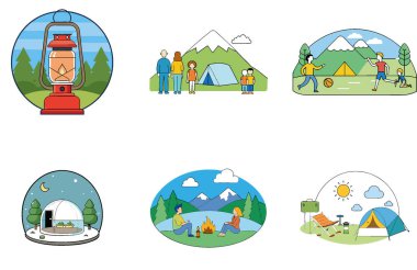 Kamp ziyafeti. Bir deste Savory ve Rustik Toplama Simgeleri. Al, Image Set 'i oluşturdu. Clipart çizgi film deisgn simgeleri