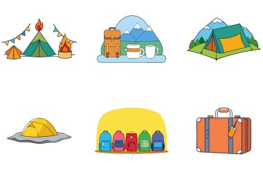 Kamp Macerası. Bir deste Retro ve Kıyı Tahsilatı Simgesi. Al, Image Set 'i oluşturdu. Clipart çizgi film deisgn simgeleri