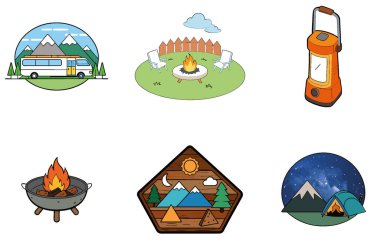 Kaçış Kampı. Sahne ve Kıyı Toplama Simgeleri Paketi. Al, Image Set 'i oluşturdu. Clipart çizgi film deisgn simgeleri